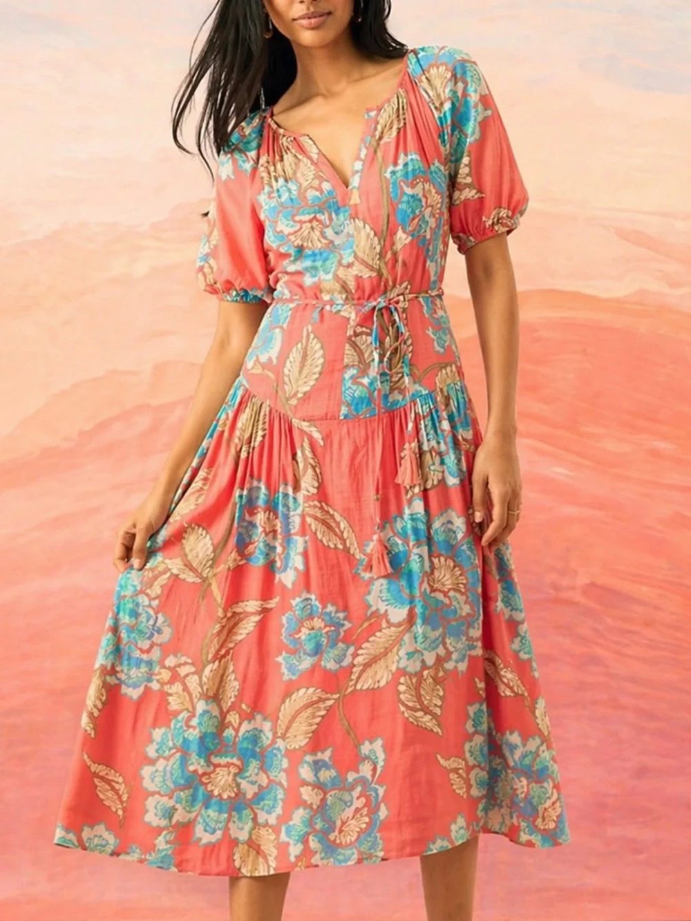 ππThe Good Journey Floral Midi Dress Size L Coral Pink Blue Boho Vacation - Picture 1 of 17